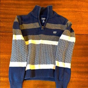 Chaps Boy’s Blue and Gray Quarter-Zip Striped Sweater